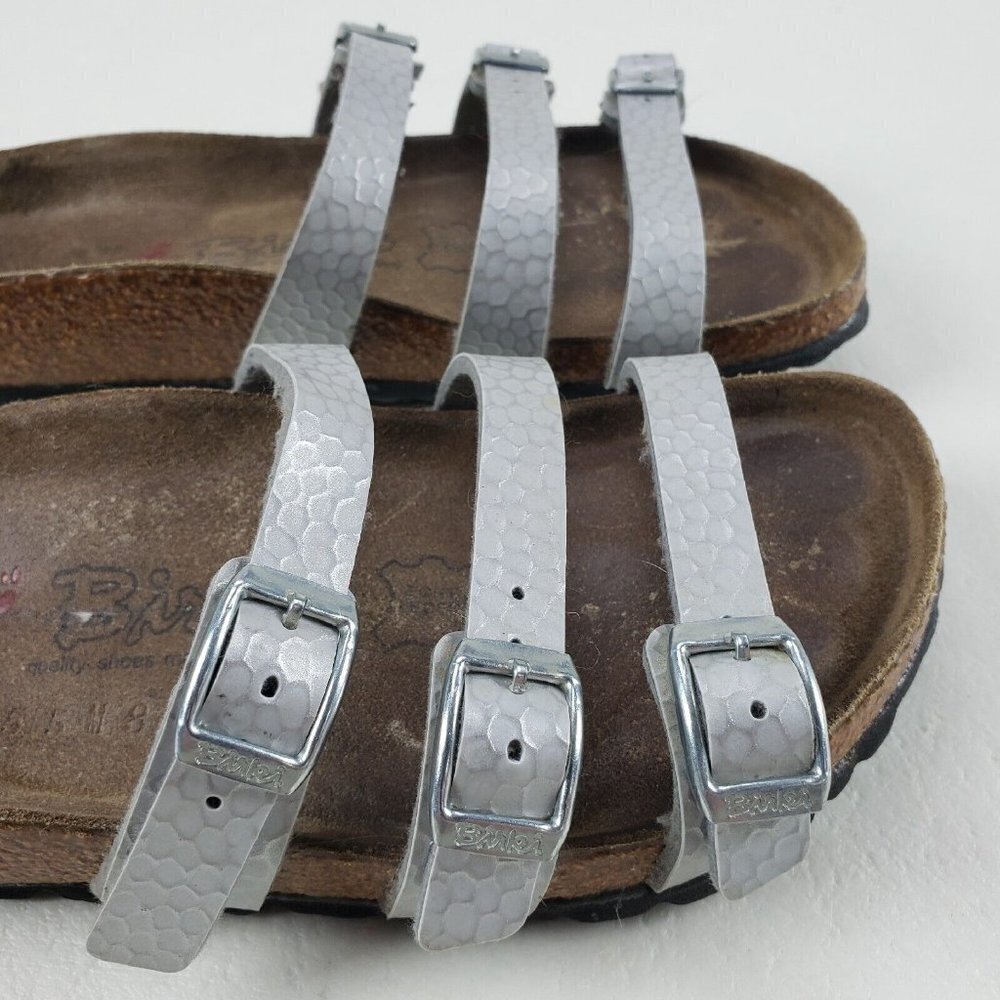Birkis Birkenstock Metallic Sandals Silver Womens 4-4.5 35 Leather Strappy Slide - Picture 7 of 11